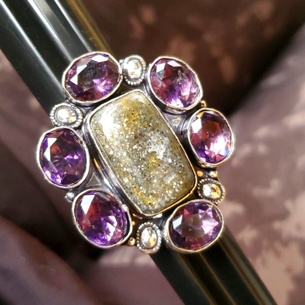 New Lodolite & Amethyst 925 Silver Statement Ring.